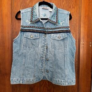 Vintage 90s Bill Blass Embroidered Floral Rhinestone Denim Vest M Cottage Garden